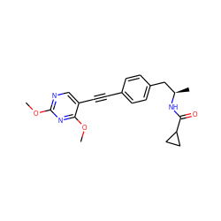 COc1ncc(C#Cc2ccc(C[C@@H](C)NC(=O)C3CC3)cc2)c(OC)n1 ZINC000169706154