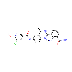 COc1ncc(C(=O)Nc2cccc([C@@H](C)Nc3ncnc4c(C(N)=O)cccc34)c2)cc1Cl ZINC000114345550