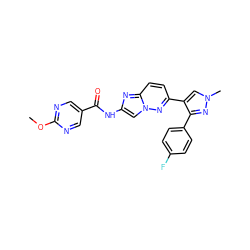 COc1ncc(C(=O)Nc2cn3nc(-c4cn(C)nc4-c4ccc(F)cc4)ccc3n2)cn1 ZINC001772599020