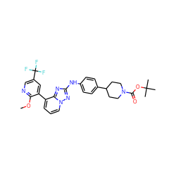 COc1ncc(C(F)(F)F)cc1-c1cccn2nc(Nc3ccc(C4CCN(C(=O)OC(C)(C)C)CC4)cc3)nc12 ZINC000096169782