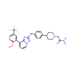 COc1ncc(C(F)(F)F)cc1-c1cccn2nc(Nc3ccc(C4CCN(CC(=O)N(C)C)CC4)cc3)nc12 ZINC000096169784