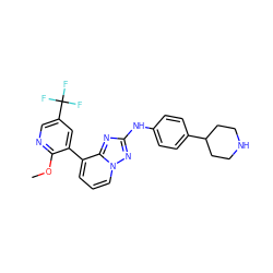 COc1ncc(C(F)(F)F)cc1-c1cccn2nc(Nc3ccc(C4CCNCC4)cc3)nc12 ZINC000096169783