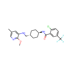 COc1ncc(C)cc1NC[C@H]1CC[C@H](NC(=O)c2cc(C(F)(F)F)ccc2Cl)CC1 ZINC000261168299