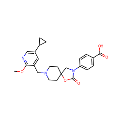 COc1ncc(C2CC2)cc1CN1CCC2(CC1)CN(c1ccc(C(=O)O)cc1)C(=O)O2 ZINC000144551033