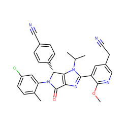 COc1ncc(CC#N)cc1-c1nc2c(n1C(C)C)[C@@H](c1ccc(C#N)cc1)N(c1cc(Cl)ccc1C)C2=O ZINC000169705607
