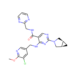 COc1ncc(CNc2nc(N3C[C@H]4C[C@H]4C3)ncc2C(=O)NCc2ncccn2)cc1Cl ZINC001772623140