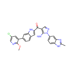 COc1ncc(Cl)cc1-c1ccc2cc(C(=O)c3cnn(-c4ccc5[nH]c(C)nc5c4)c3N)[nH]c2c1 ZINC000149963001