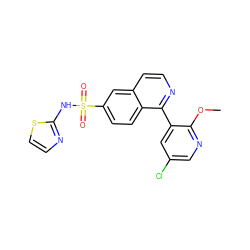 COc1ncc(Cl)cc1-c1nccc2cc(S(=O)(=O)Nc3nccs3)ccc12 ZINC000206096991