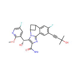 COc1ncc(F)cc1[C@@H](O)c1c(C(N)=O)nc2n1C1CC(C1)c1cc(F)c(C#CC(C)(C)O)cc1-2 ZINC000205815437