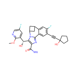 COc1ncc(F)cc1[C@@H](O)c1c(C(N)=O)nc2n1C1CC(C1)c1cc(F)c(C#CC3(O)CCCC3)cc1-2 ZINC000219501213