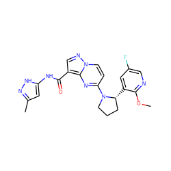 COc1ncc(F)cc1[C@@H]1CCCN1c1ccn2ncc(C(=O)Nc3cc(C)n[nH]3)c2n1 ZINC000169704303