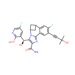 COc1ncc(F)cc1[C@H](O)c1c(C(N)=O)nc2n1C1CC(C1)c1cc(F)c(C#CC(C)(C)O)cc1-2 ZINC000213606610