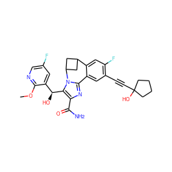 COc1ncc(F)cc1[C@H](O)c1c(C(N)=O)nc2n1C1CC(C1)c1cc(F)c(C#CC3(O)CCCC3)cc1-2 ZINC000219501131