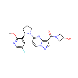 COc1ncc(F)cc1[C@H]1CCCN1c1ccn2ncc(C(=O)N3CC(O)C3)c2n1 ZINC000169704226