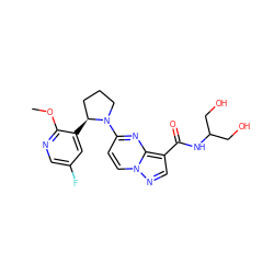 COc1ncc(F)cc1[C@H]1CCCN1c1ccn2ncc(C(=O)NC(CO)CO)c2n1 ZINC000169704231