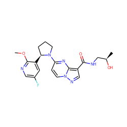 COc1ncc(F)cc1[C@H]1CCCN1c1ccn2ncc(C(=O)NC[C@@H](C)O)c2n1 ZINC000169704230