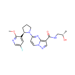 COc1ncc(F)cc1[C@H]1CCCN1c1ccn2ncc(C(=O)NC[C@H](C)O)c2n1 ZINC000169704229