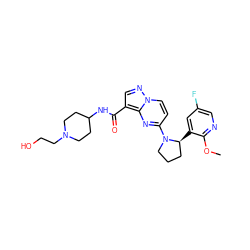 COc1ncc(F)cc1[C@H]1CCCN1c1ccn2ncc(C(=O)NC3CCN(CCO)CC3)c2n1 ZINC000169257117