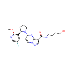 COc1ncc(F)cc1[C@H]1CCCN1c1ccn2ncc(C(=O)NCCCCO)c2n1 ZINC000169704228