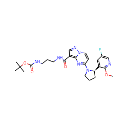 COc1ncc(F)cc1[C@H]1CCCN1c1ccn2ncc(C(=O)NCCCNC(=O)OC(C)(C)C)c2n1 ZINC000114871673