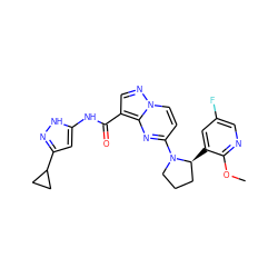 COc1ncc(F)cc1[C@H]1CCCN1c1ccn2ncc(C(=O)Nc3cc(C4CC4)n[nH]3)c2n1 ZINC000169704306