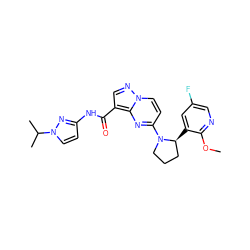 COc1ncc(F)cc1[C@H]1CCCN1c1ccn2ncc(C(=O)Nc3ccn(C(C)C)n3)c2n1 ZINC000139672293