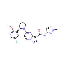 COc1ncc(F)cc1[C@H]1CCCN1c1ccn2ncc(C(=O)Nc3ccn(C)n3)c2n1 ZINC000169704305