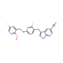 COc1ncc(F)cc1CNc1ccc(Cc2c[nH]c3ncc(C#N)cc23)c(F)n1 ZINC000117452483