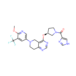 COc1ncc(N2CCc3ncnc(O[C@H]4CCN(C(=O)c5c[nH]cn5)C4)c3C2)cc1C(F)(F)F ZINC000113583263