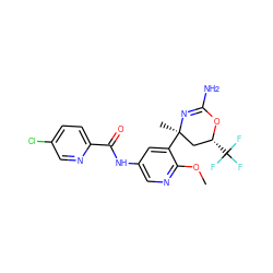 COc1ncc(NC(=O)c2ccc(Cl)cn2)cc1[C@]1(C)C[C@@H](C(F)(F)F)OC(N)=N1 ZINC000218670464