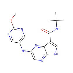 COc1ncc(Nc2cnc3[nH]cc(C(=O)NC(C)(C)C)c3n2)cn1 ZINC000145140063