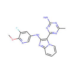 COc1ncc(Nc2nc3ccccn3c2-c2nc(C)nc(N)n2)cc1F ZINC000114521581