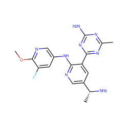 COc1ncc(Nc2ncc([C@@H](C)N)cc2-c2nc(C)nc(N)n2)cc1F ZINC000113149890