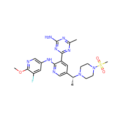 COc1ncc(Nc2ncc([C@@H](C)N3CCN(S(C)(=O)=O)CC3)cc2-c2nc(C)nc(N)n2)cc1F ZINC000095554128