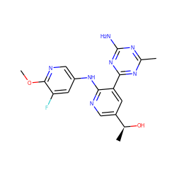 COc1ncc(Nc2ncc([C@H](C)O)cc2-c2nc(C)nc(N)n2)cc1F ZINC000113238196