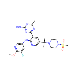 COc1ncc(Nc2ncc(C(C)(C)N3CCN(S(C)(=O)=O)CC3)cc2-c2nc(C)nc(N)n2)cc1F ZINC000095556994