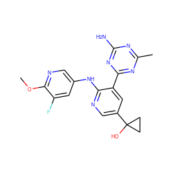 COc1ncc(Nc2ncc(C3(O)CC3)cc2-c2nc(C)nc(N)n2)cc1F ZINC000113241668