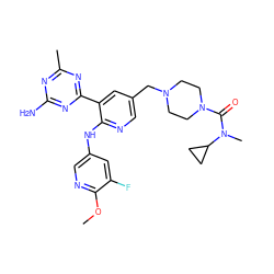 COc1ncc(Nc2ncc(CN3CCN(C(=O)N(C)C4CC4)CC3)cc2-c2nc(C)nc(N)n2)cc1F ZINC000169127734