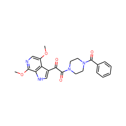 COc1ncc(OC)c2c(C(=O)C(=O)N3CCN(C(=O)c4ccccc4)CC3)c[nH]c12 ZINC000028826898