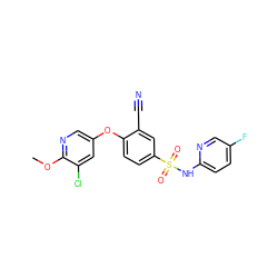 COc1ncc(Oc2ccc(S(=O)(=O)Nc3ccc(F)cn3)cc2C#N)cc1Cl ZINC000473194813