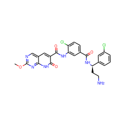 COc1ncc2cc(C(=O)Nc3cc(C(=O)N[C@H](CCN)c4cccc(Cl)c4)ccc3Cl)c(=O)[nH]c2n1 ZINC000098208127