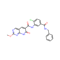 COc1ncc2cc(C(=O)Nc3cc(C(=O)NCc4ccccc4)ccc3Cl)c(=O)[nH]c2n1 ZINC000103250297