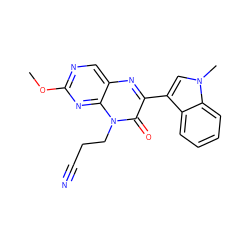 COc1ncc2nc(-c3cn(C)c4ccccc34)c(=O)n(CCC#N)c2n1 ZINC000004238963