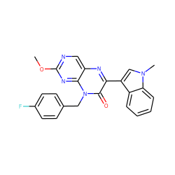 COc1ncc2nc(-c3cn(C)c4ccccc34)c(=O)n(Cc3ccc(F)cc3)c2n1 ZINC000004238270