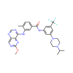 COc1ncc2ncnc(Nc3cc(C(=O)Nc4cc(N5CCN(C(C)C)CC5)cc(C(F)(F)F)c4)ccc3C)c2n1 ZINC000148352034
