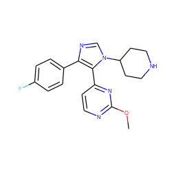 COc1nccc(-c2c(-c3ccc(F)cc3)ncn2C2CCNCC2)n1 ZINC000001487129