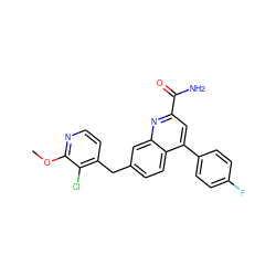 COc1nccc(Cc2ccc3c(-c4ccc(F)cc4)cc(C(N)=O)nc3c2)c1Cl ZINC000205648828