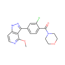 COc1nccc2[nH]nc(-c3ccc(C(=O)N4CCOCC4)c(Cl)c3)c12 ZINC000114772948