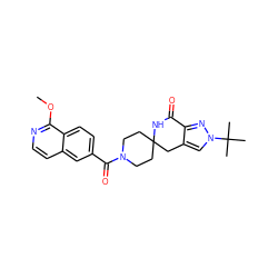 COc1nccc2cc(C(=O)N3CCC4(CC3)Cc3cn(C(C)(C)C)nc3C(=O)N4)ccc12 ZINC000261187612