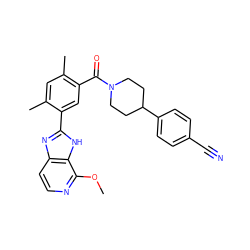 COc1nccc2nc(-c3cc(C(=O)N4CCC(c5ccc(C#N)cc5)CC4)c(C)cc3C)[nH]c12 ZINC000098185694